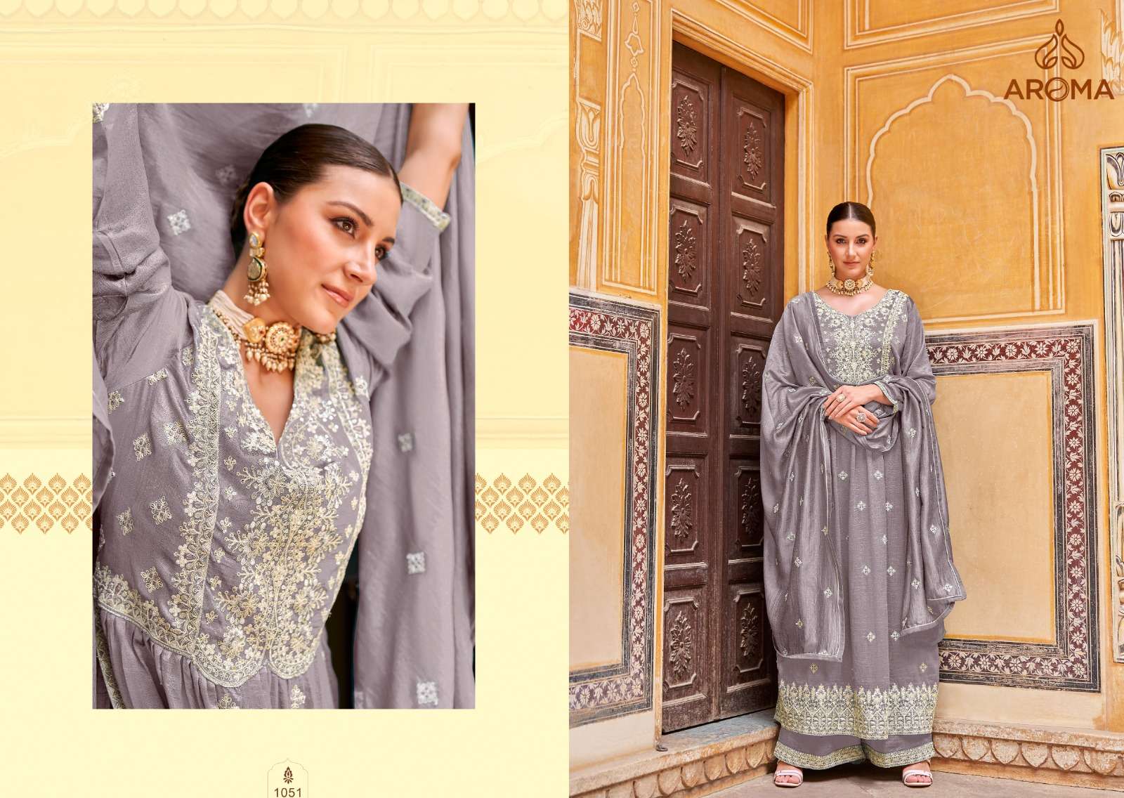 aroma present unni designer heavy work readymade nayra cut kurti with plazzo and dupatta catalog