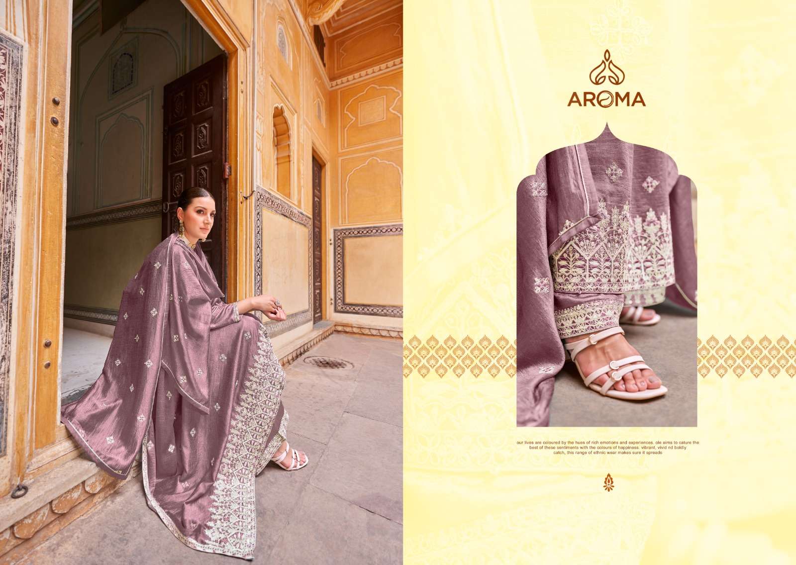 aroma present unni designer heavy work readymade nayra cut kurti with plazzo and dupatta catalog