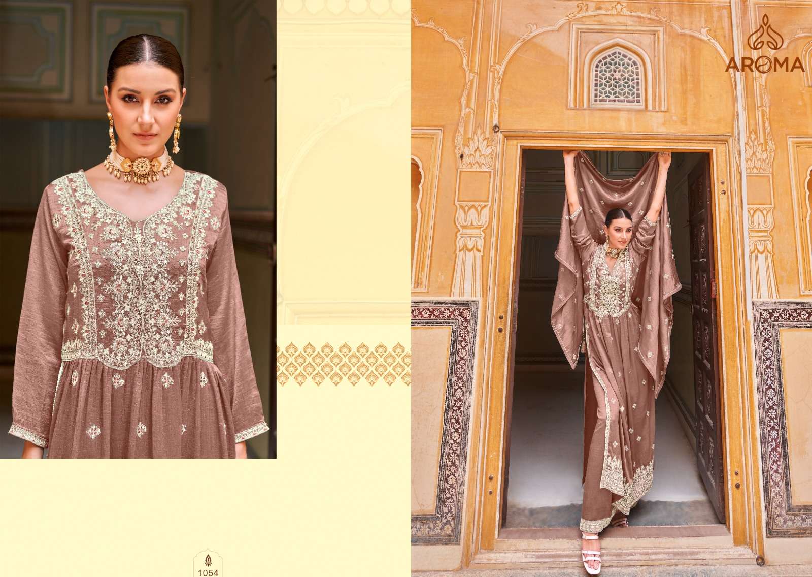 aroma present unni designer heavy work readymade nayra cut kurti with plazzo and dupatta catalog