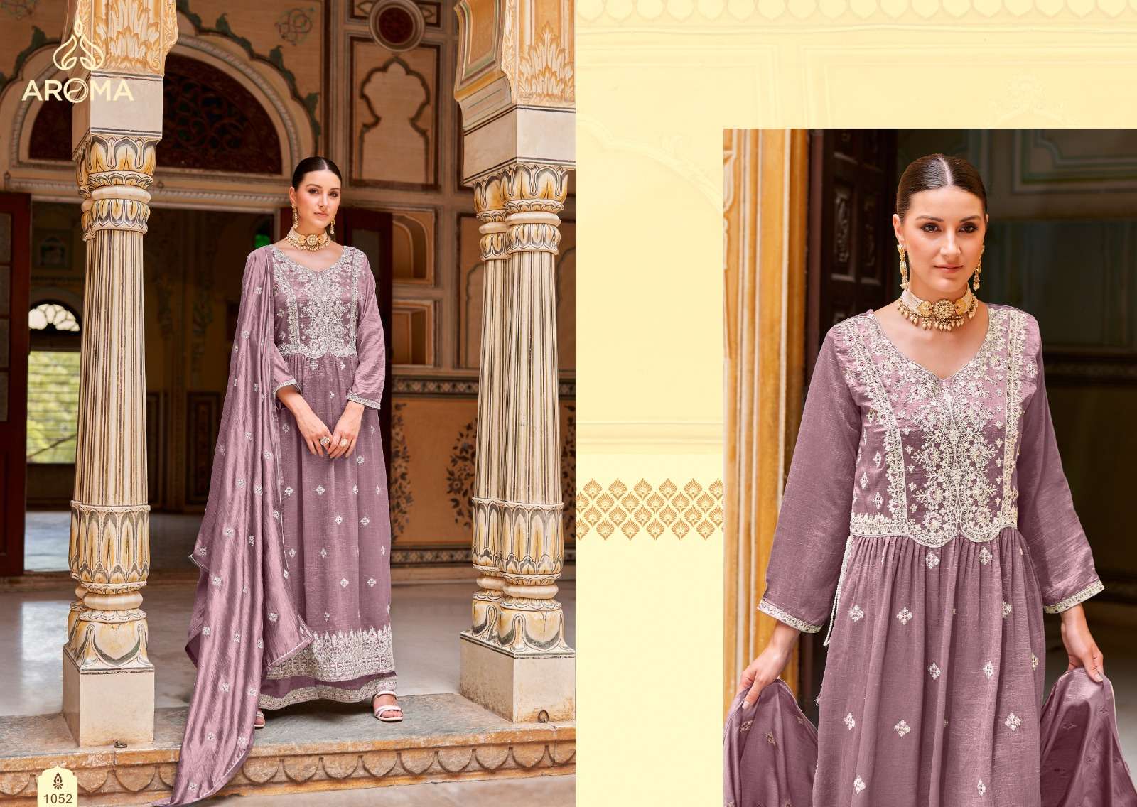 aroma present unni designer heavy work readymade nayra cut kurti with plazzo and dupatta catalog