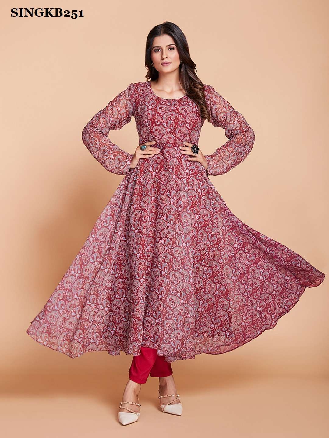 arya singkb251 maroon color fancy flared kurti with pant and dupatta combo set