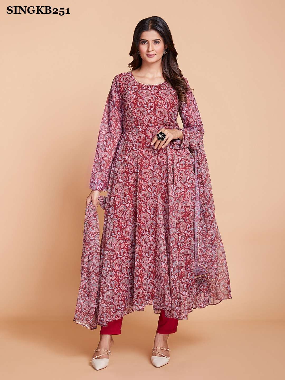 arya singkb251 maroon color fancy flared kurti with pant and dupatta combo set