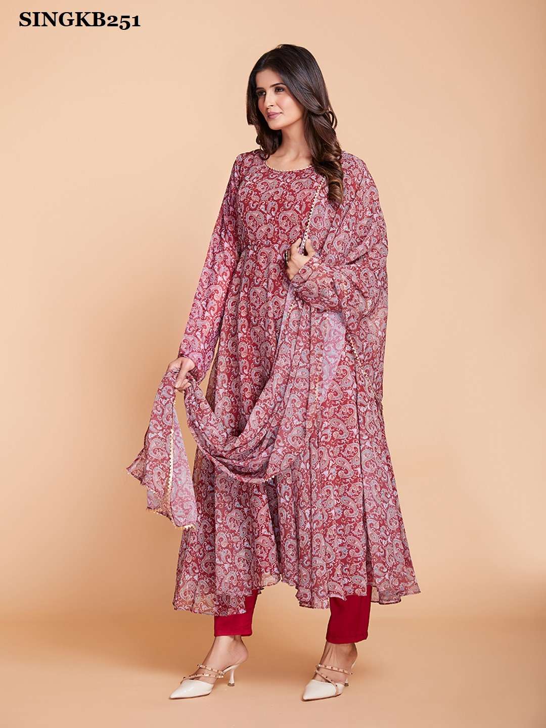 arya singkb251 maroon color fancy flared kurti with pant and dupatta combo set