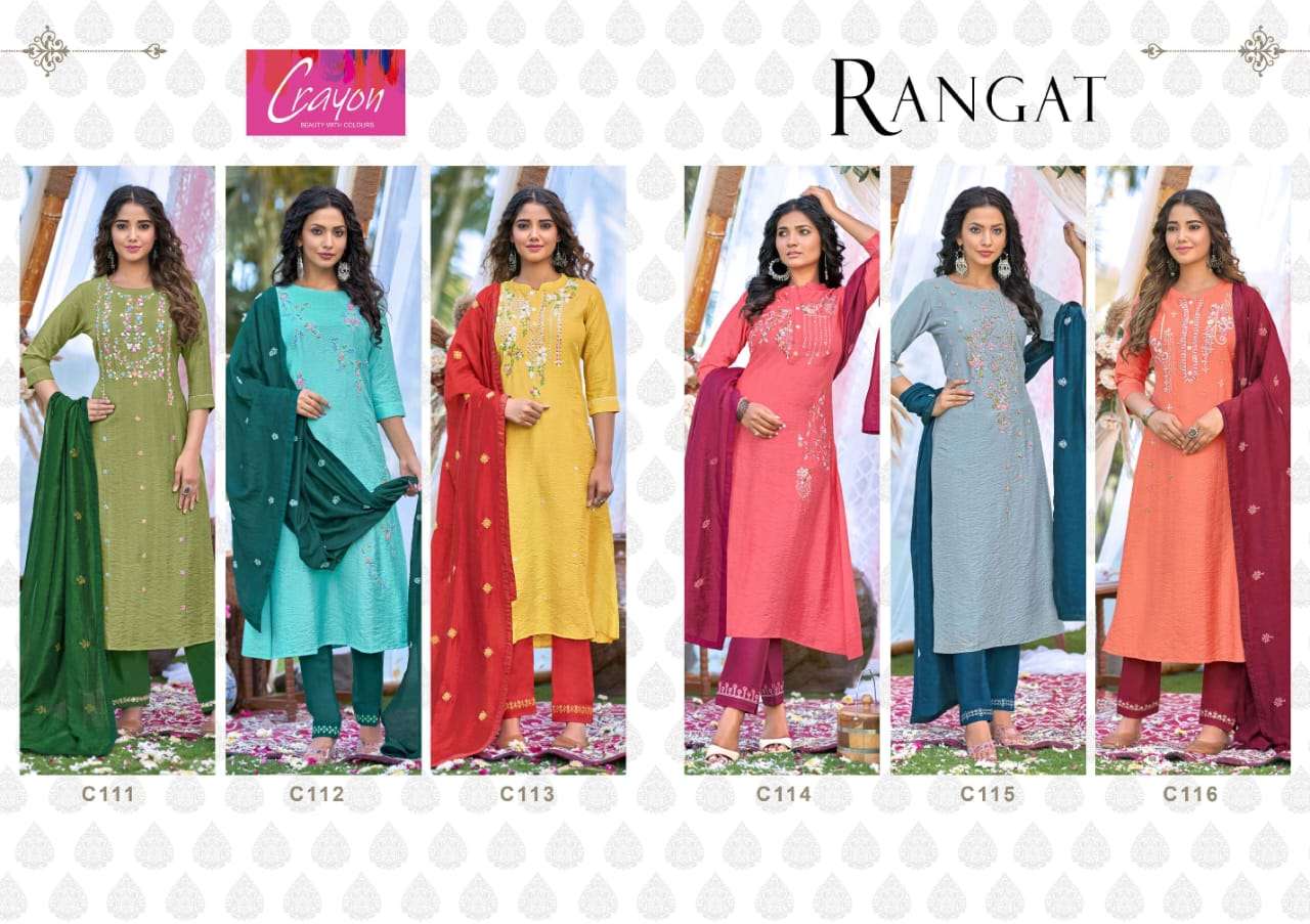 crayon present rangat beautiful work readymade salwar kameez with chanderi silk dupatta catalog