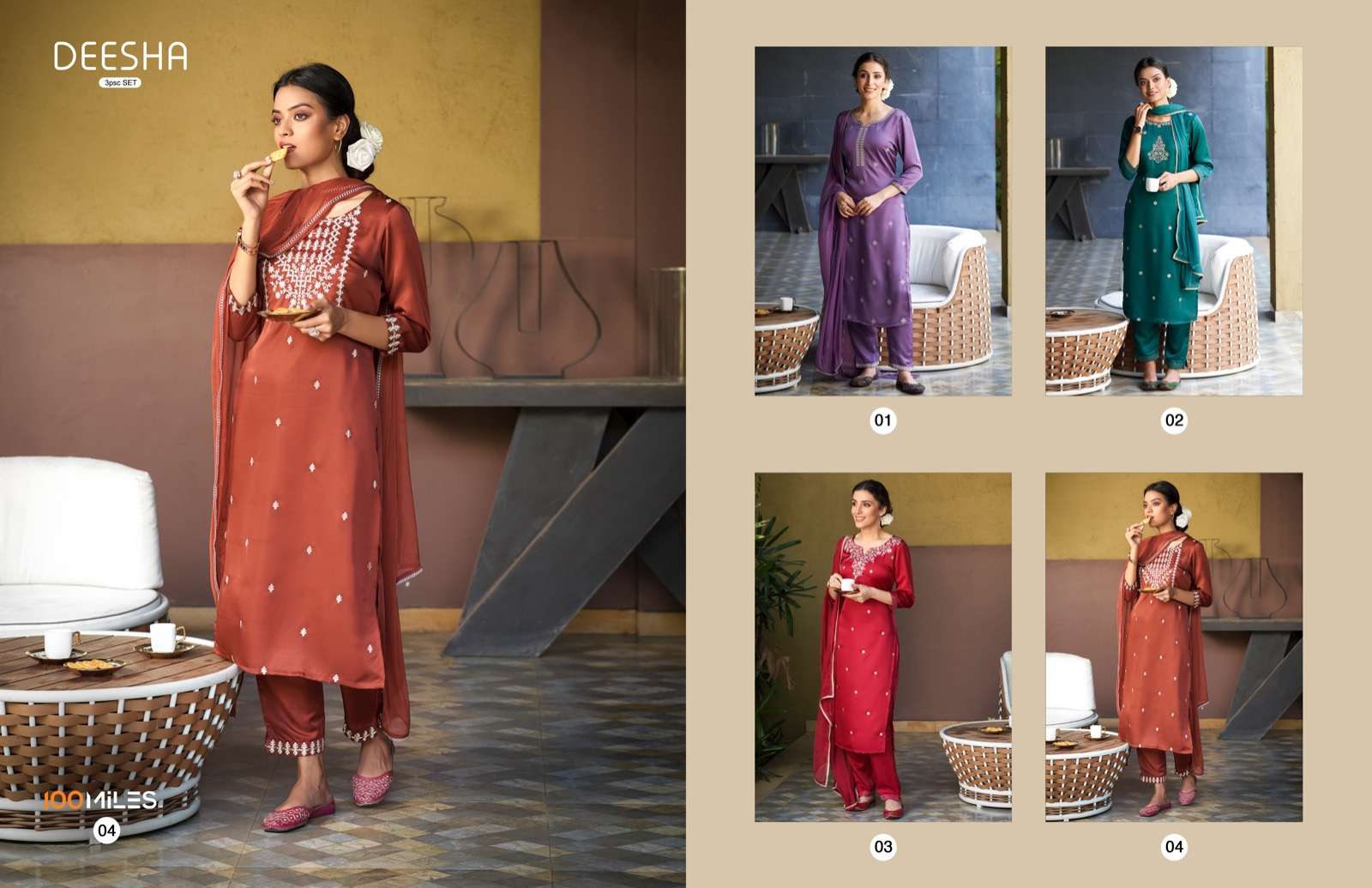 deesha by 100 miles fancy amazing work kurti with pant and dupatta catalog