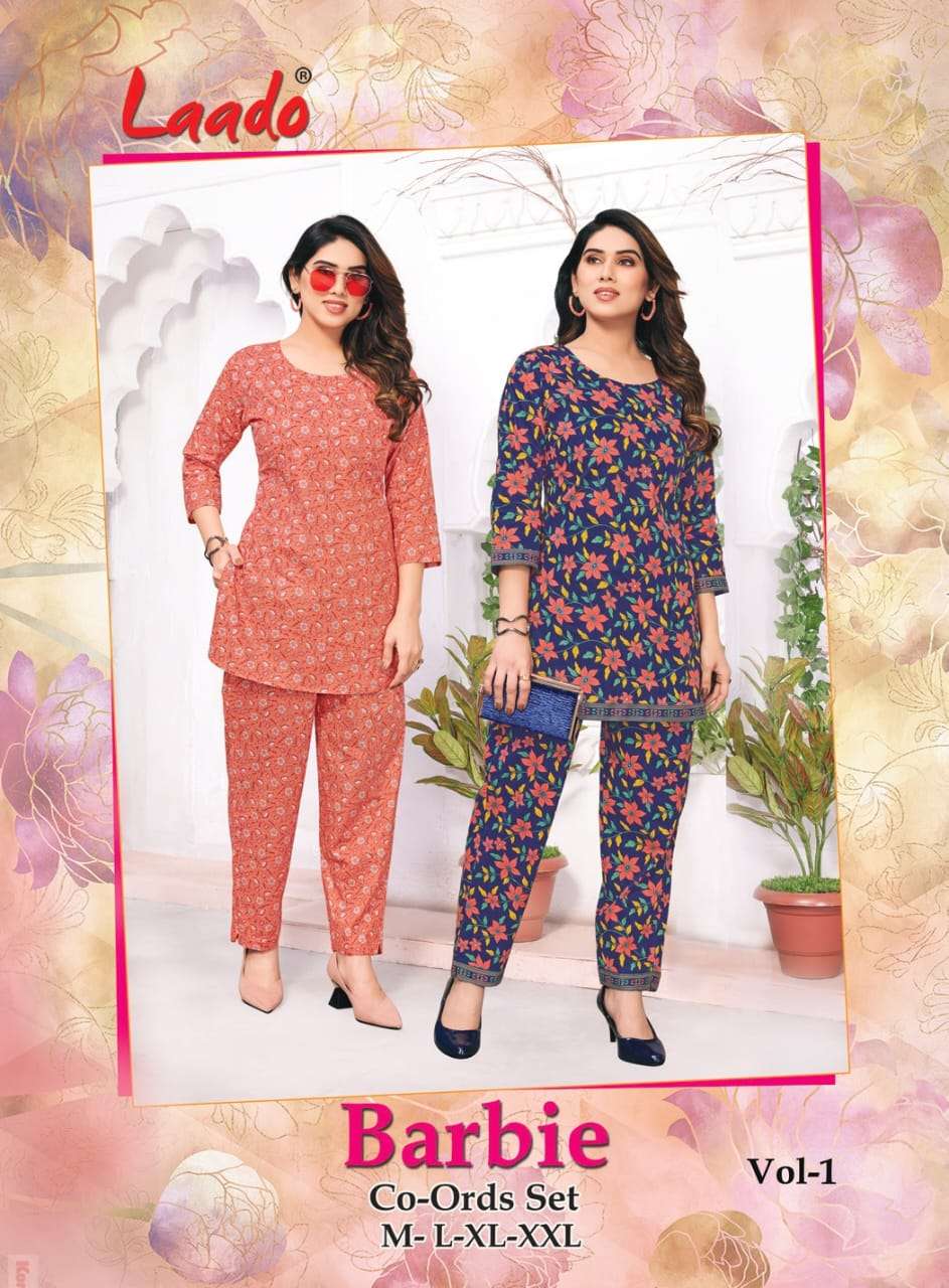 laado present barbie vol 1 fancy cord set soft mul cotton short kurti with pant catalog