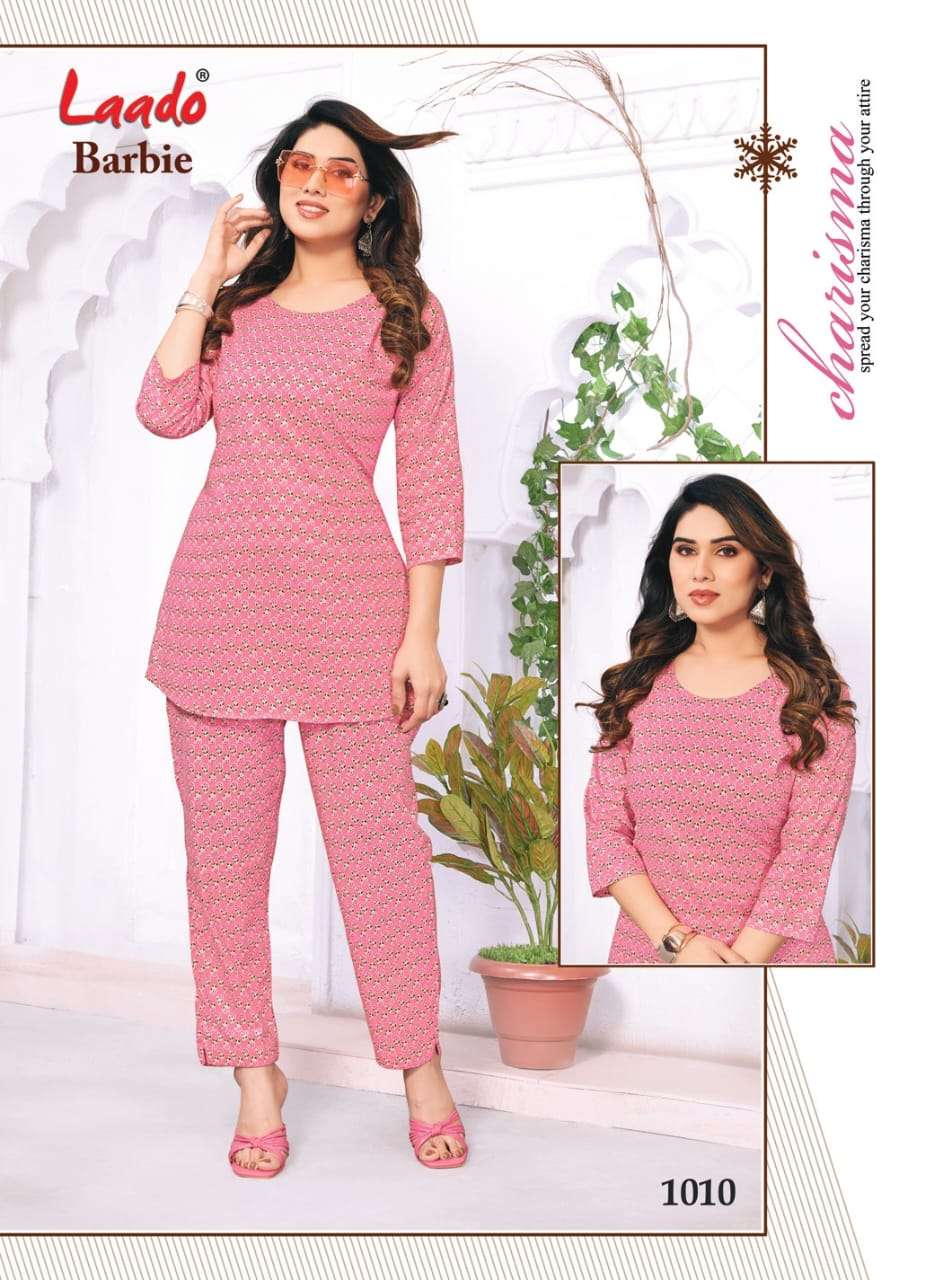 laado present barbie vol 1 fancy cord set soft mul cotton short kurti with pant catalog