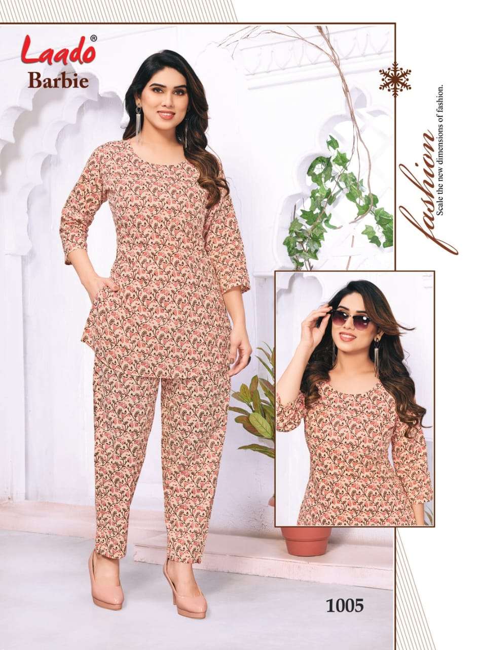 laado present barbie vol 1 fancy cord set soft mul cotton short kurti with pant catalog