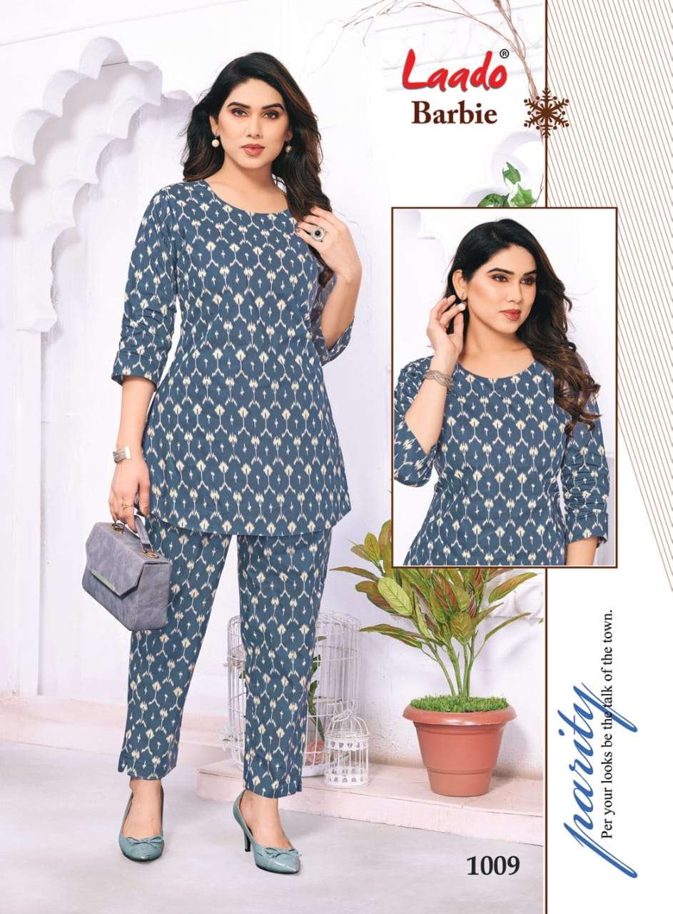laado present barbie vol 1 fancy cord set soft mul cotton short kurti with pant catalog