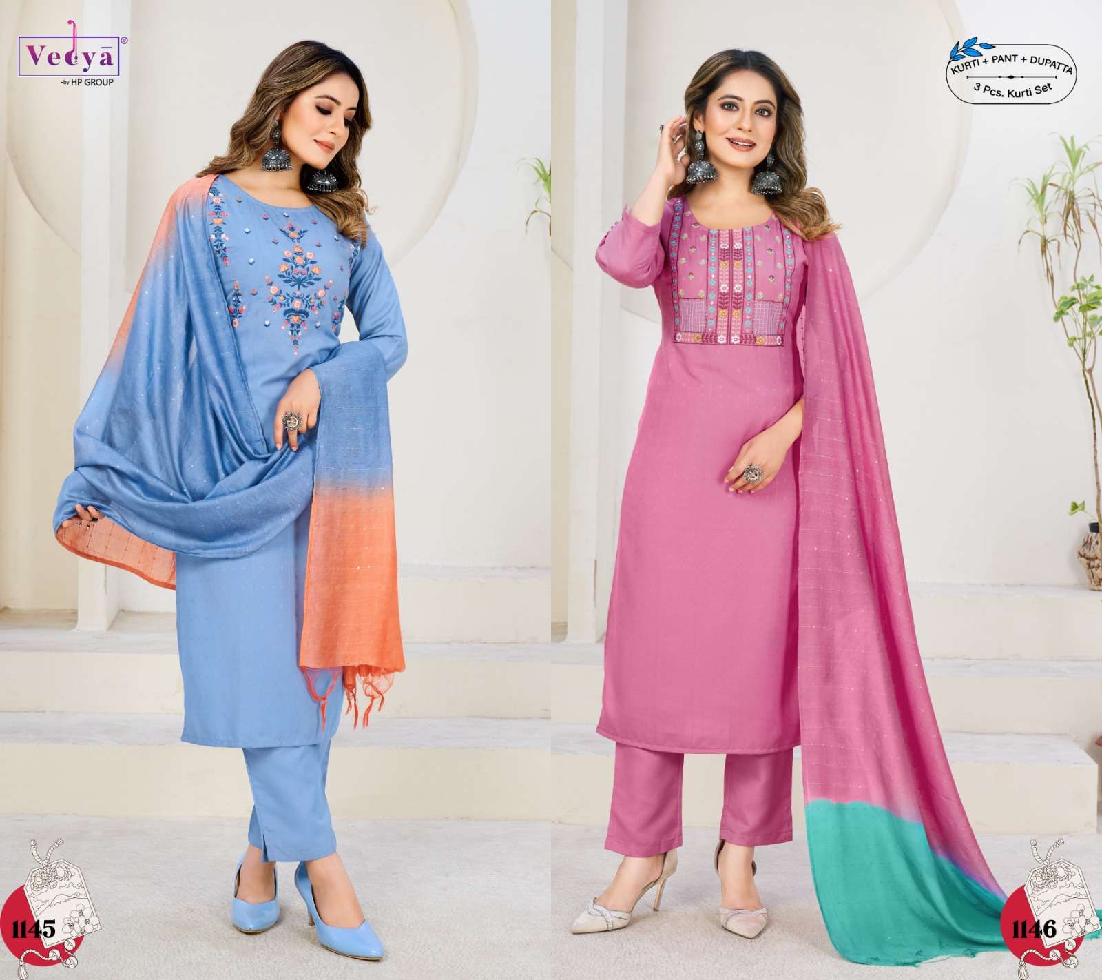 vedya present ishina fancy work kurti with pant and viscose dupatta catalog