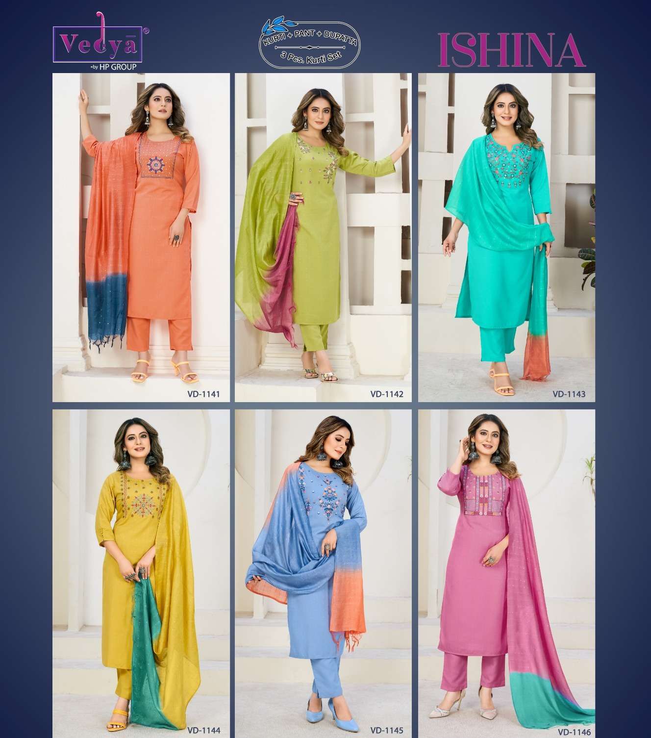 vedya present ishina fancy work kurti with pant and viscose dupatta catalog