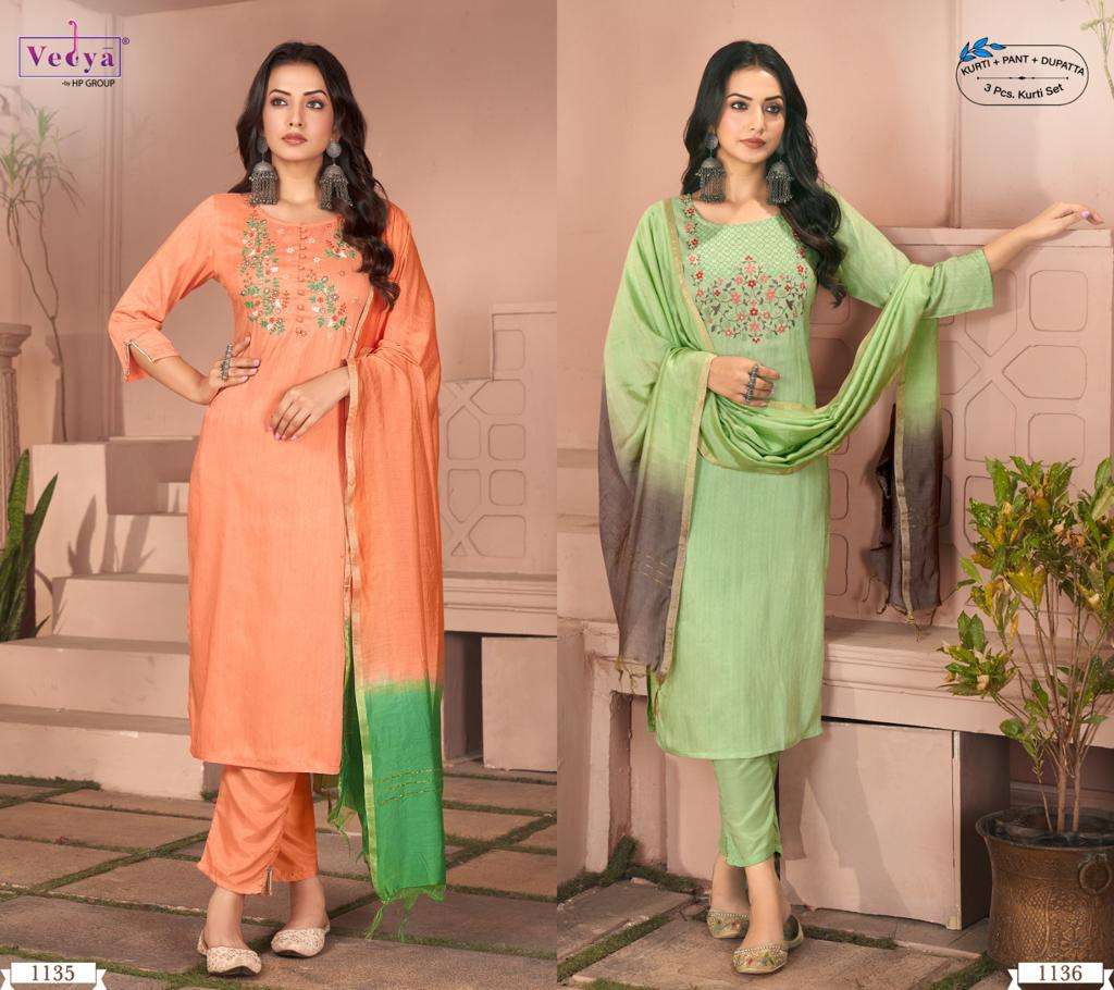 vedya present kalarang fancy schiffli type neck work kurti with pant and dupatta catalog