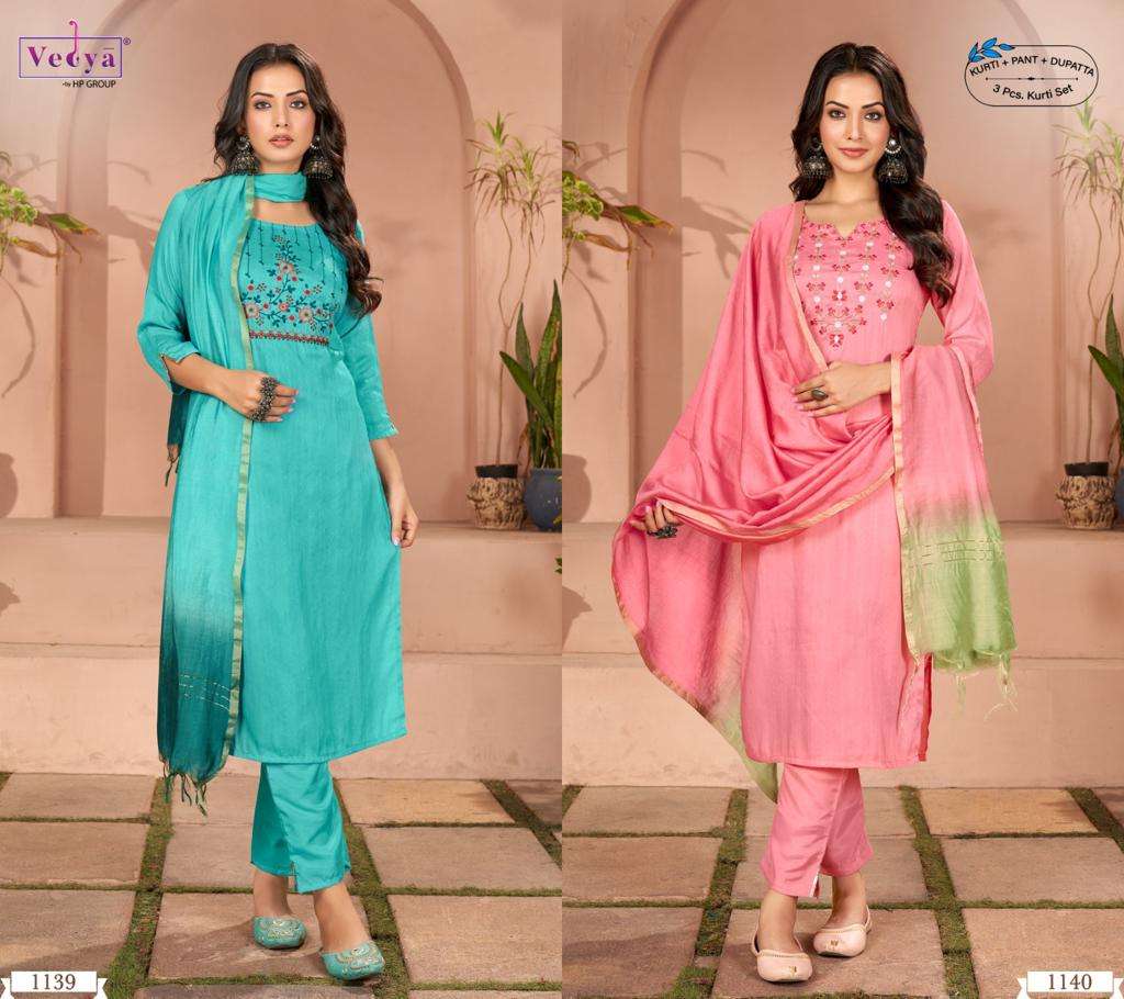 vedya present kalarang fancy schiffli type neck work kurti with pant and dupatta catalog