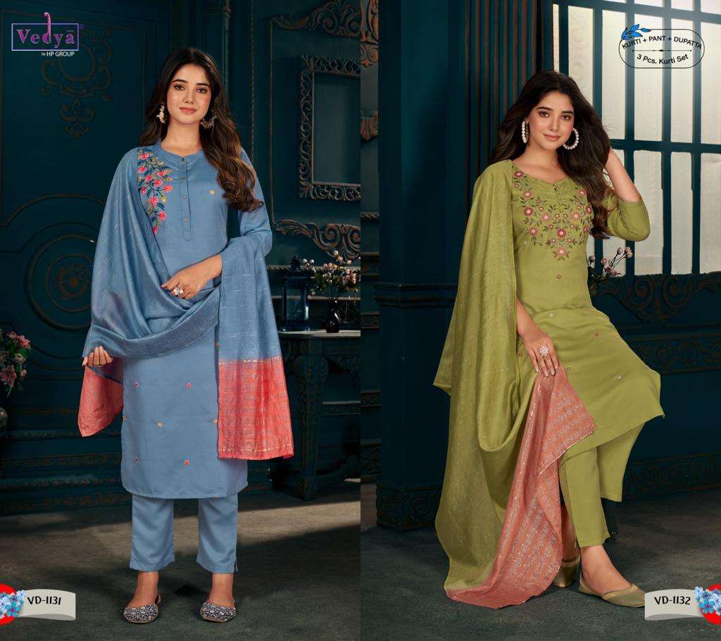 vedya present shayrana amazing fancy work kurti with pant and dupatta catalog
