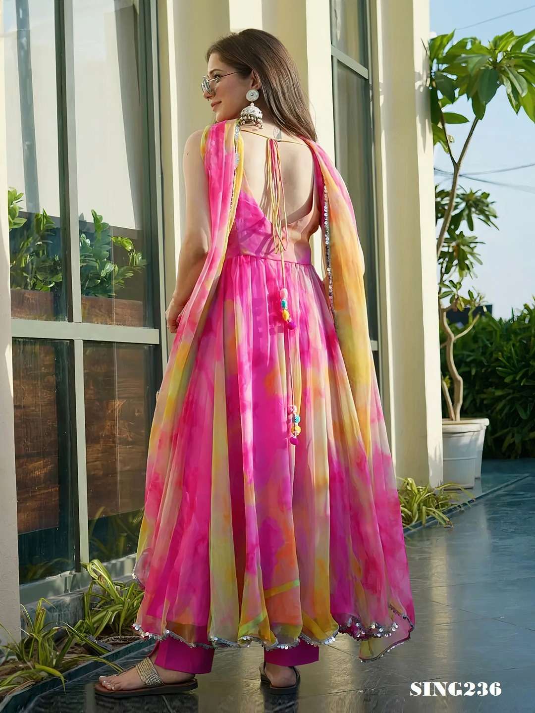 arya design sing236 multi color organza gown with dupatta combo set