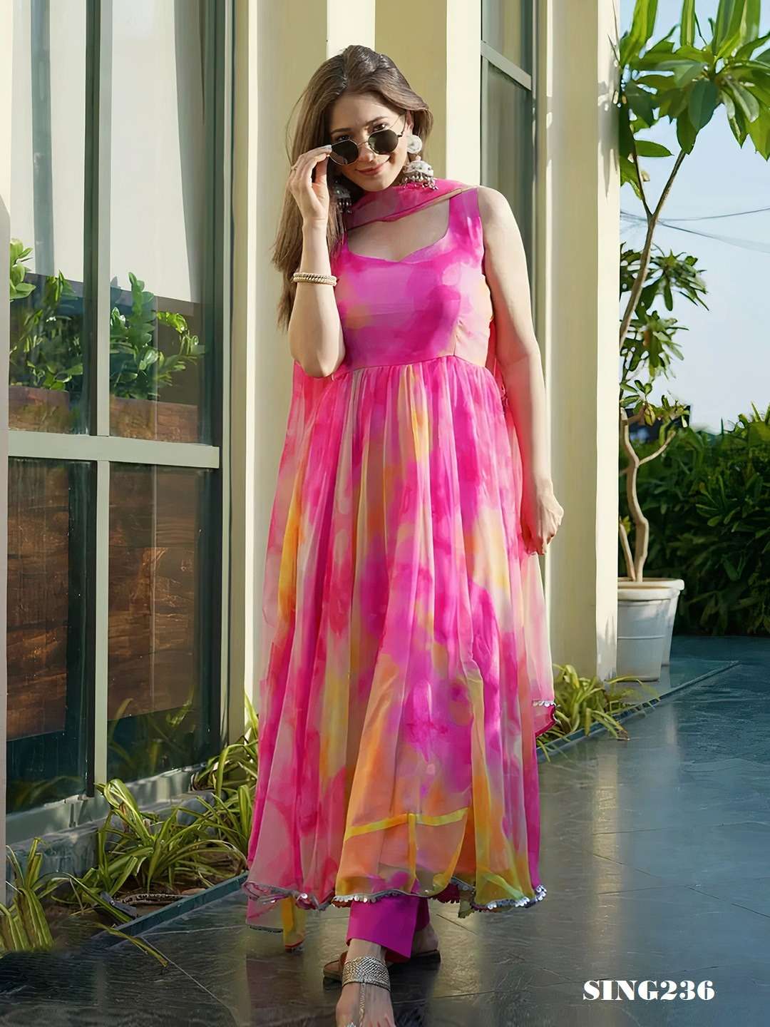 arya design sing236 multi color organza gown with dupatta combo set