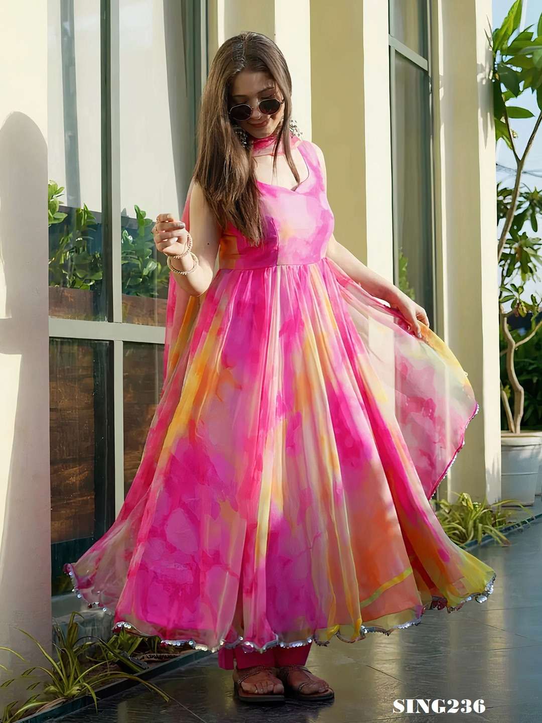 arya design sing236 multi color organza gown with dupatta combo set