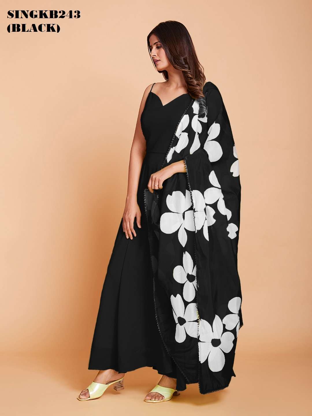 arya singkb243 black color fancy georgette gown with organza dupatta combo set