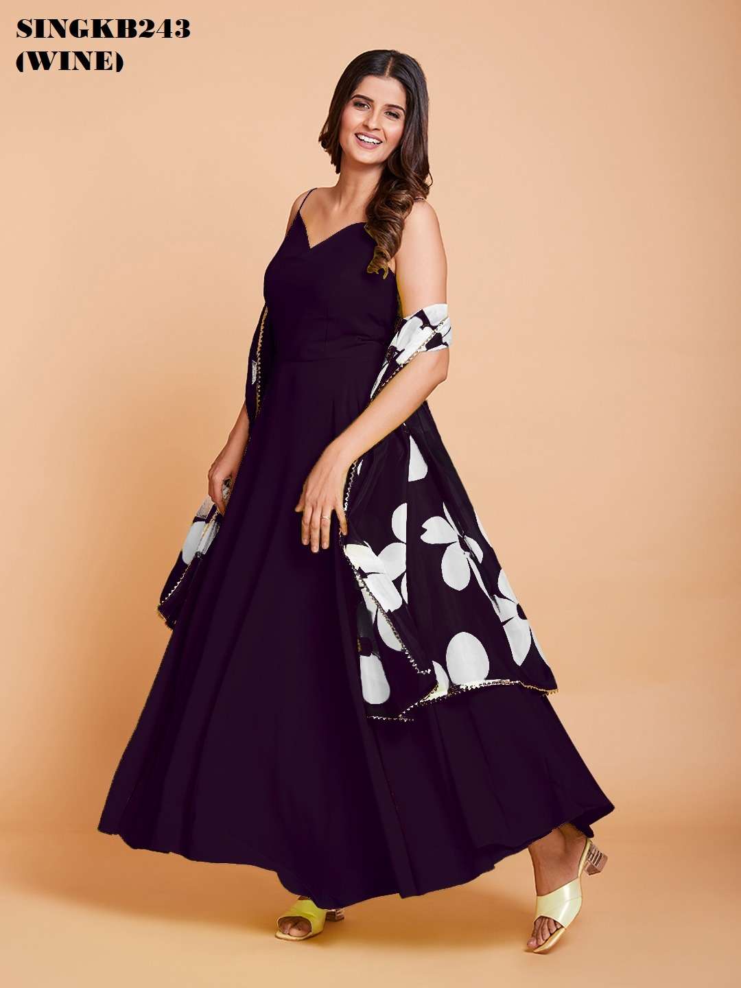 arya singkb243 wine color fancy georgette gown with dupatta combo set