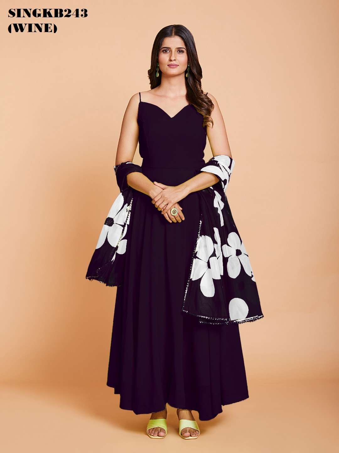 arya singkb243 wine color fancy georgette gown with dupatta combo set