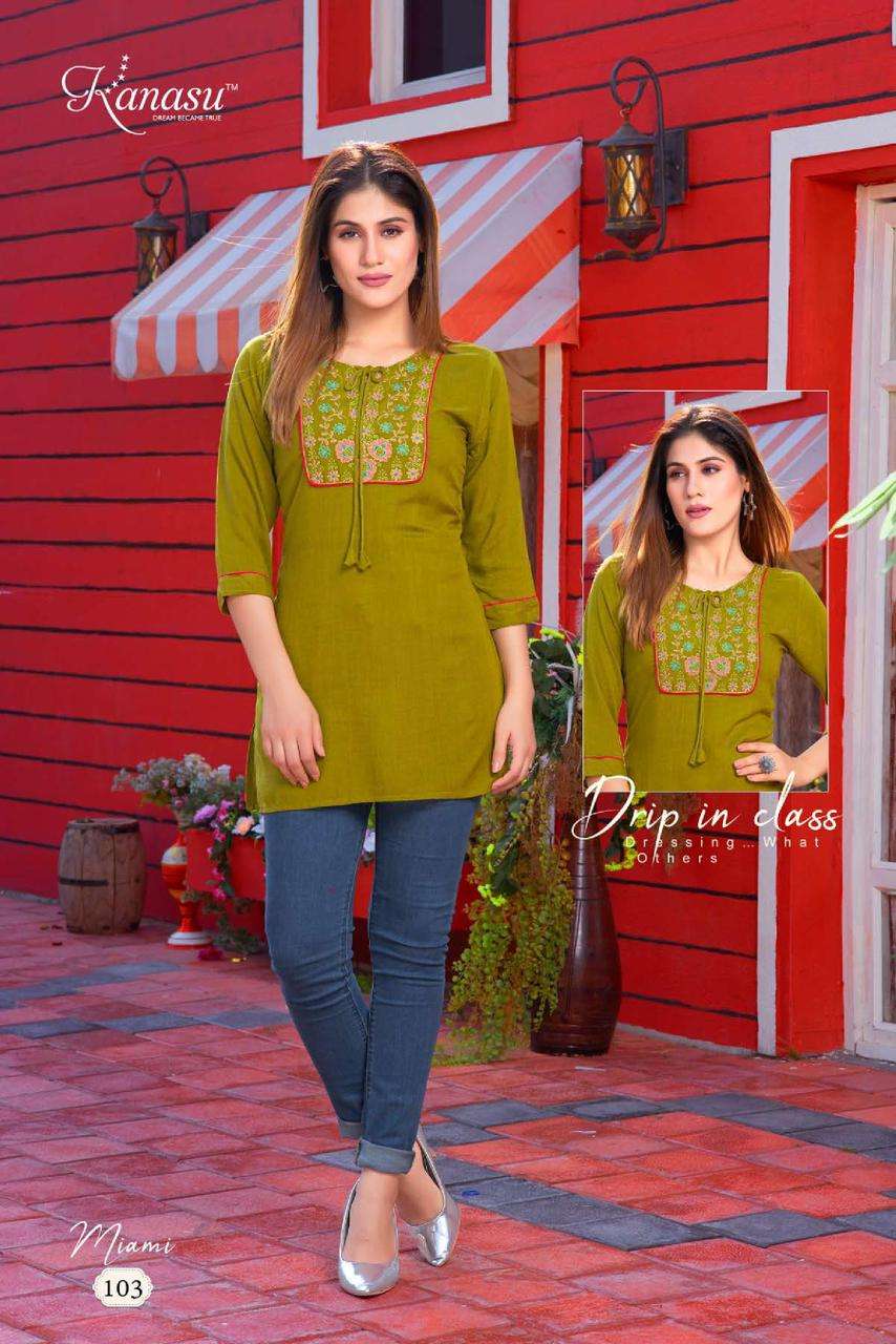 kanasu MIAMI HEAVY REYON MILANGE SHORT TOP WITH EMBROIDERY WORK PATTERN catalog 