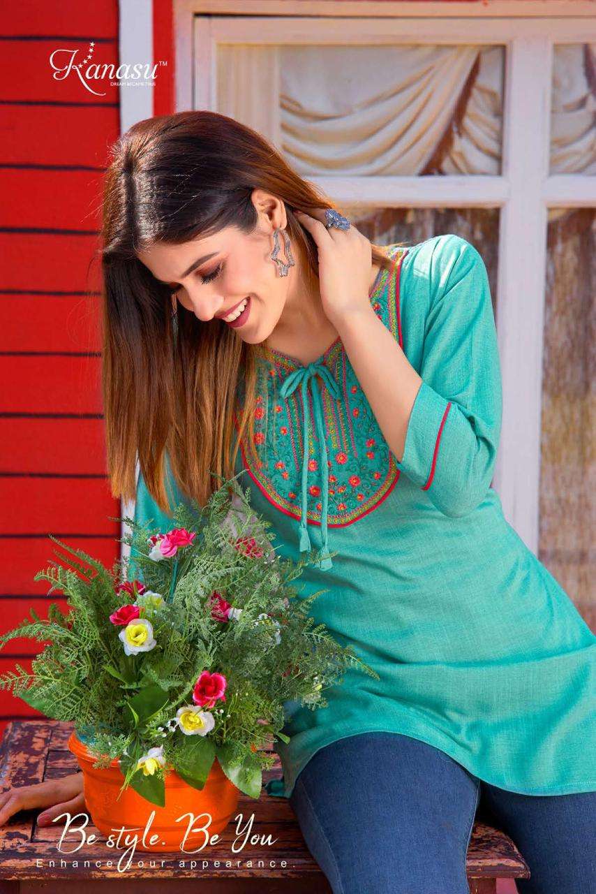kanasu MIAMI HEAVY REYON MILANGE SHORT TOP WITH EMBROIDERY WORK PATTERN catalog 