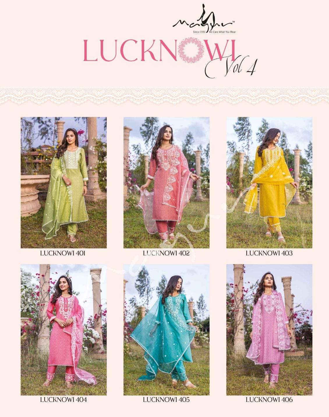 lucknowi vol 4 by mayur fashion festive wear fanctastic work kurti with pant and organza dupatta catalog