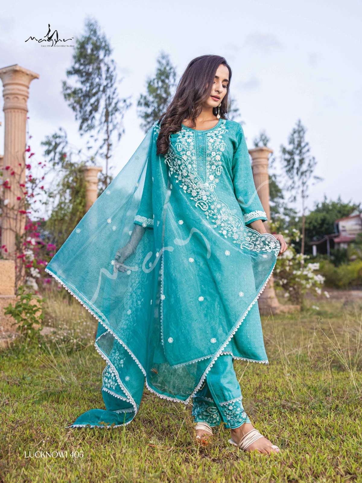 lucknowi vol 4 by mayur fashion festive wear fanctastic work kurti with pant and organza dupatta catalog