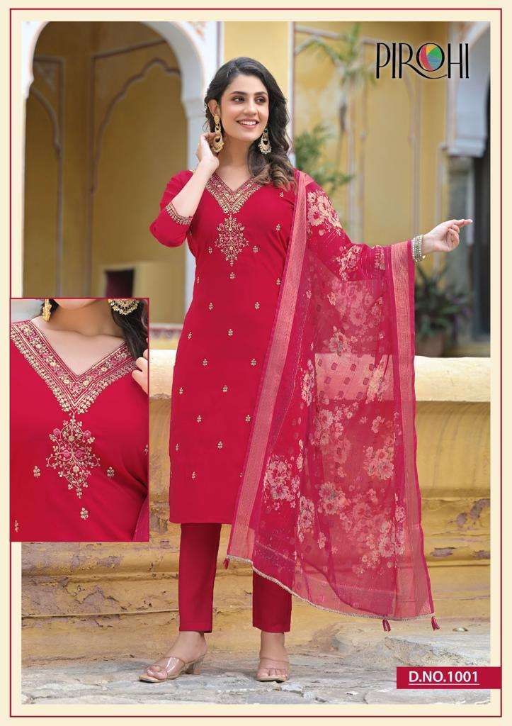 pirohi present dilkash vol 1 fancy kurti with pant and organza digital print dupatta catalog