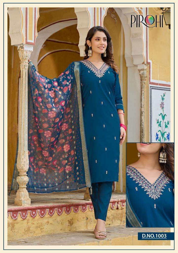 pirohi present dilkash vol 1 fancy kurti with pant and organza digital print dupatta catalog