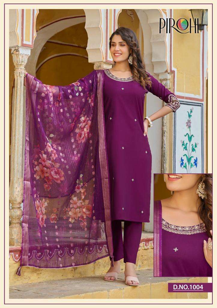 pirohi present dilkash vol 1 fancy kurti with pant and organza digital print dupatta catalog