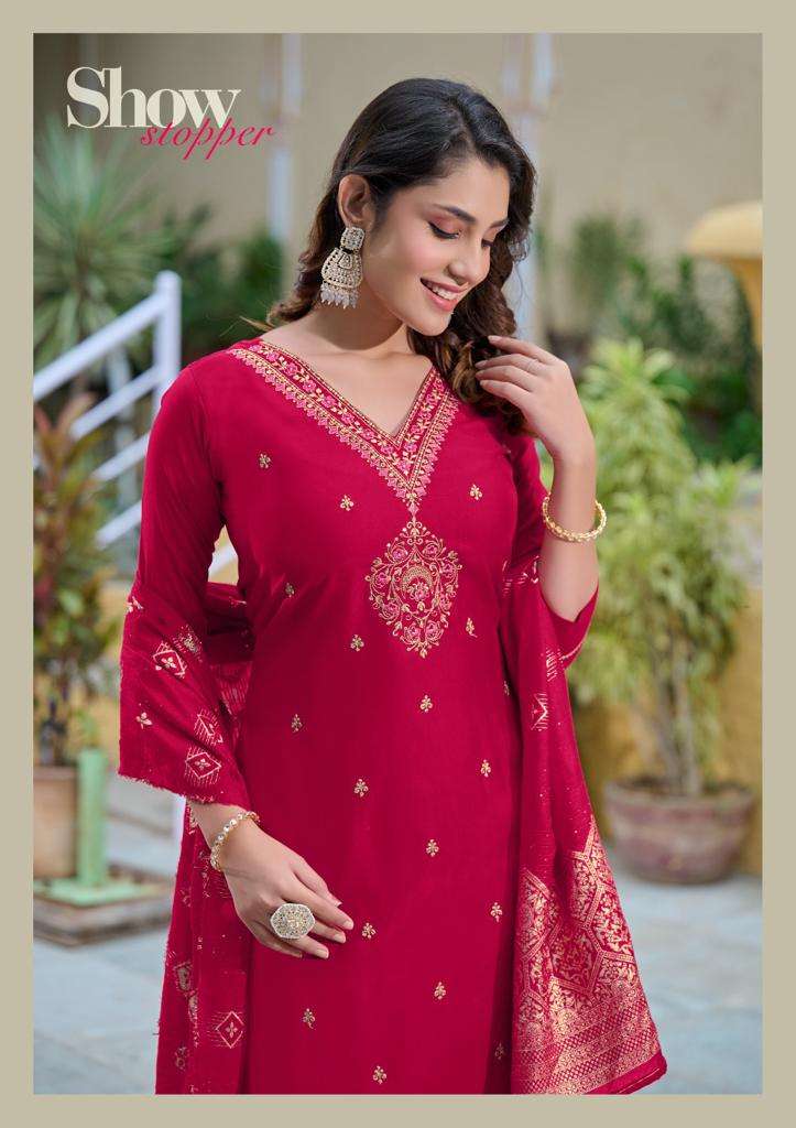 pirohi present kalhaar vol 1 embroidery work kurti with pant and banarasi dupatta catalog
