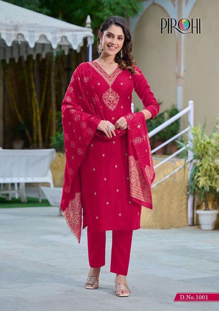 pirohi present kalhaar vol 1 embroidery work kurti with pant and banarasi dupatta catalog