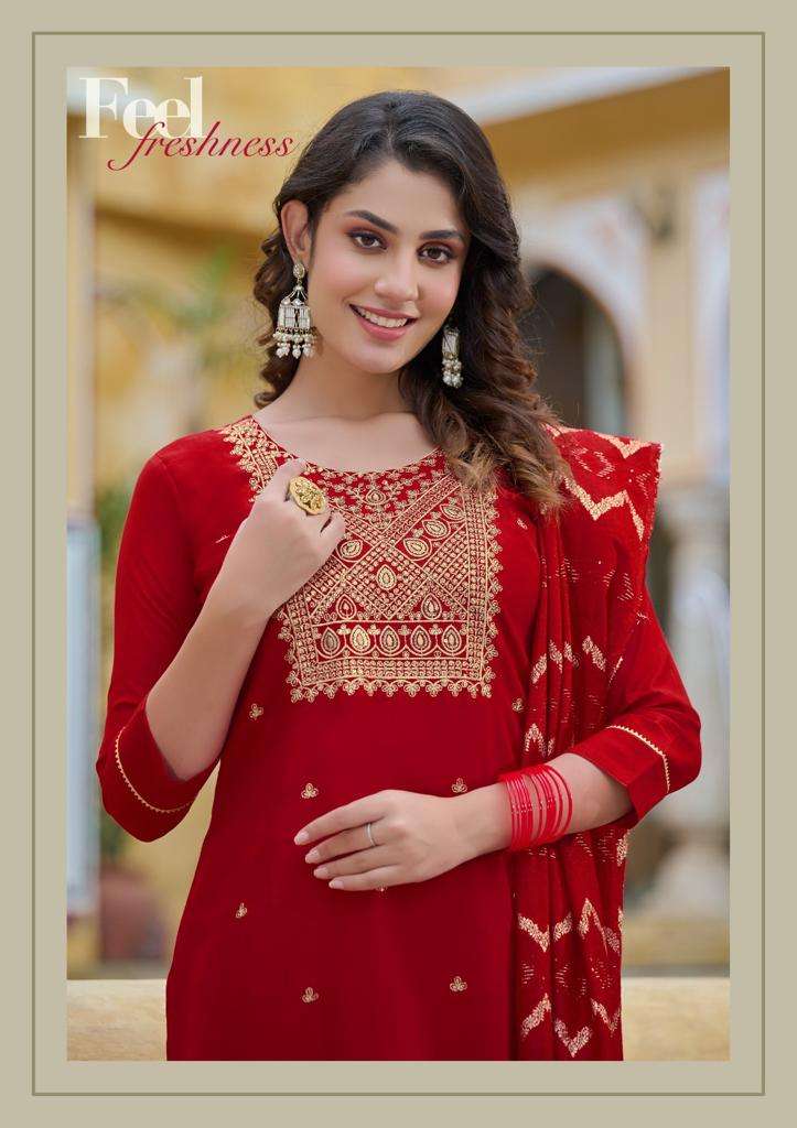 pirohi present kalhaar vol 1 embroidery work kurti with pant and banarasi dupatta catalog