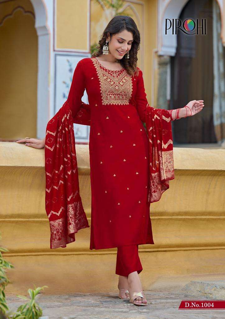 pirohi present kalhaar vol 1 embroidery work kurti with pant and banarasi dupatta catalog