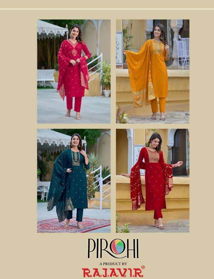 pirohi present kalhaar vol 1 embroidery work kurti with pant and banarasi dupatta catalog