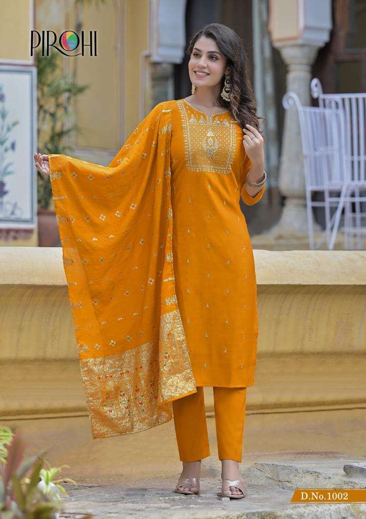 pirohi present kalhaar vol 1 embroidery work kurti with pant and banarasi dupatta catalog
