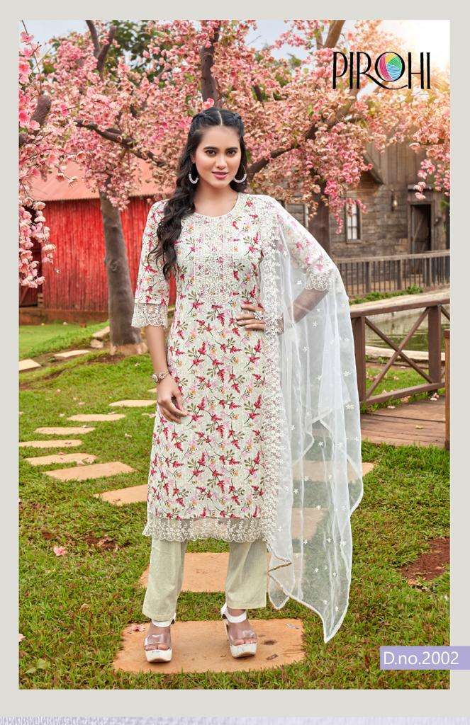 pirohi present schiffli digital print fancy kurti with pant and organza dupatta catalog