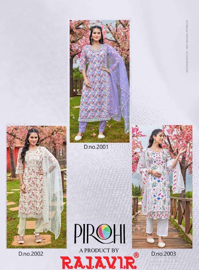 pirohi present schiffli digital print fancy kurti with pant and organza dupatta catalog