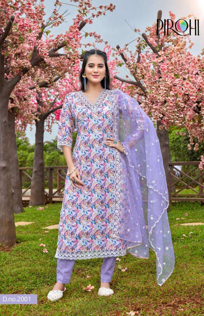pirohi present schiffli digital print fancy kurti with pant and organza dupatta catalog