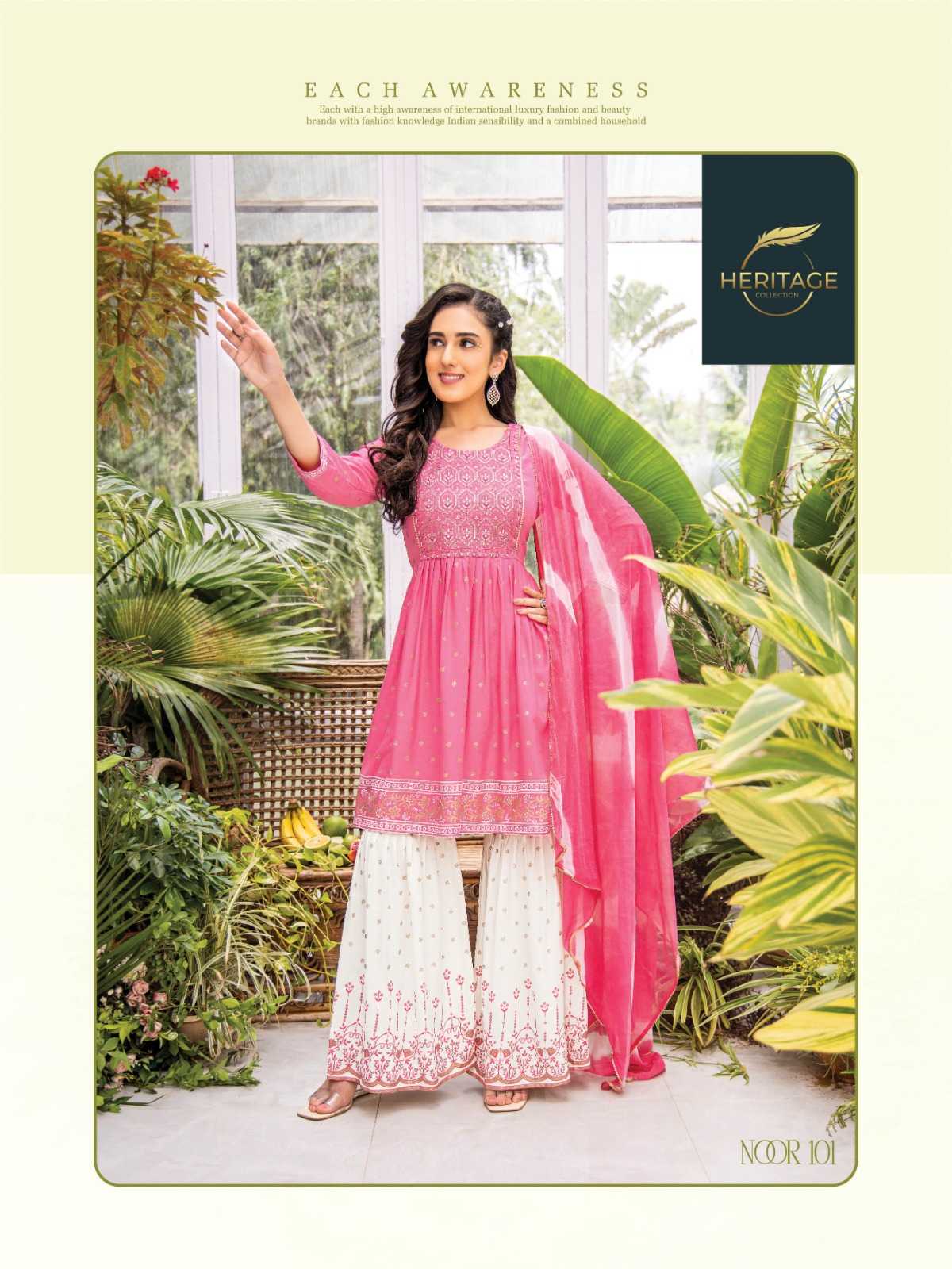 heritage creation noor diwali special designer kurti sharara dupatta readymade collection