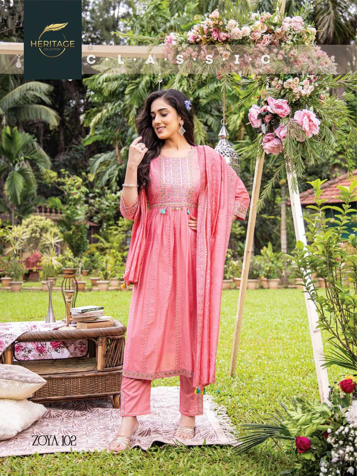 heritage creation zoya beautiful flair kurti bottom dupatta readymade collection