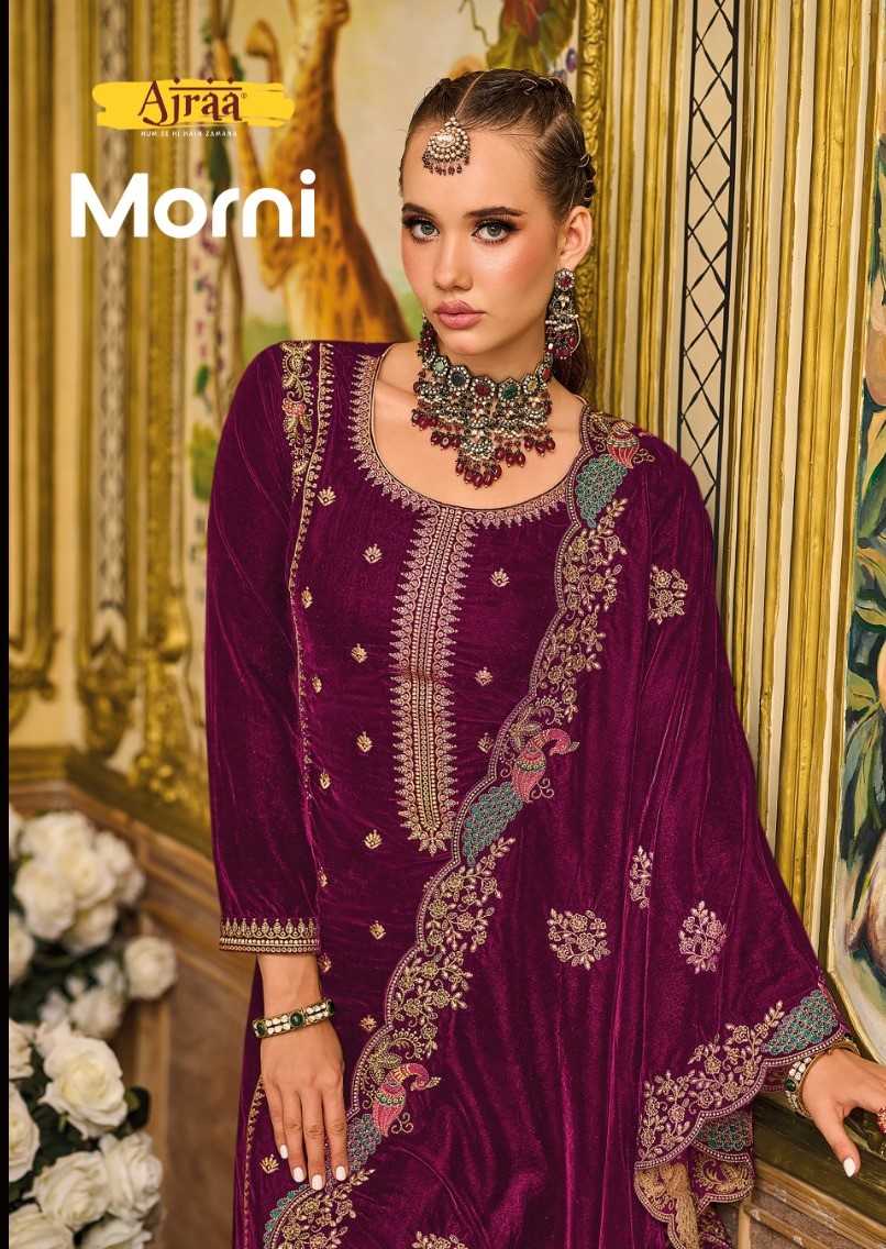 ajraa morni designer winter velvet embroidery drees material catalog