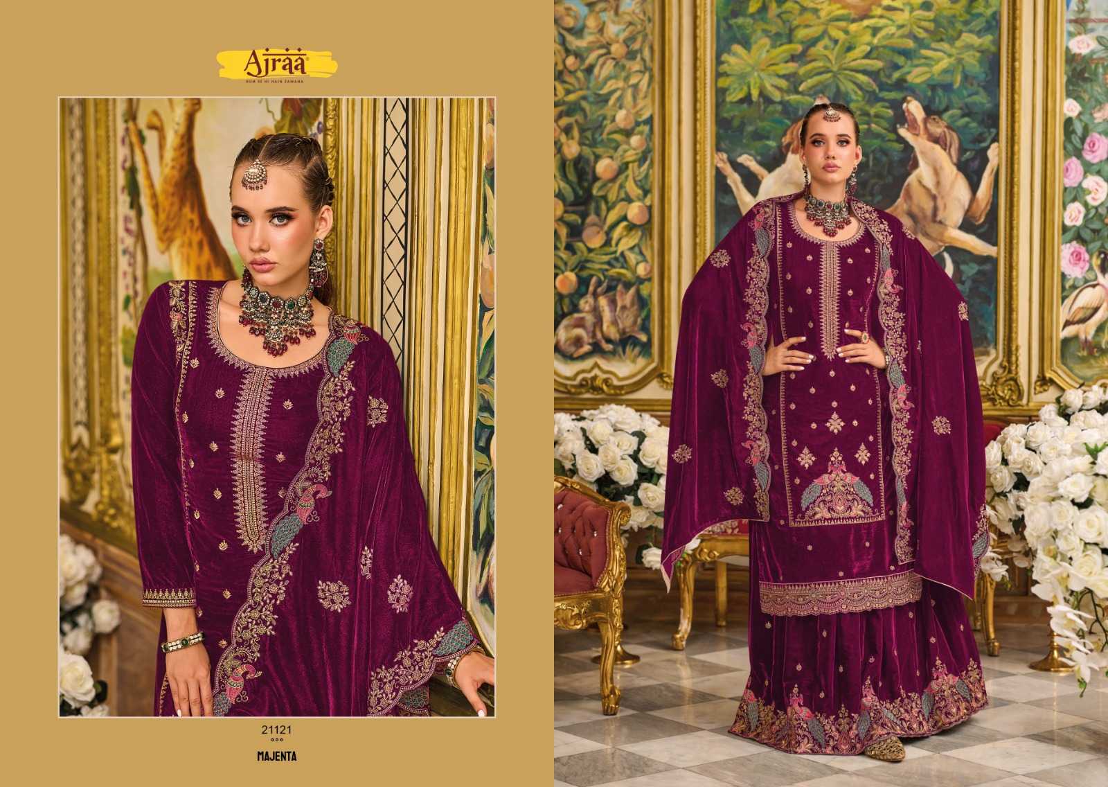 ajraa morni designer winter velvet embroidery drees material catalog