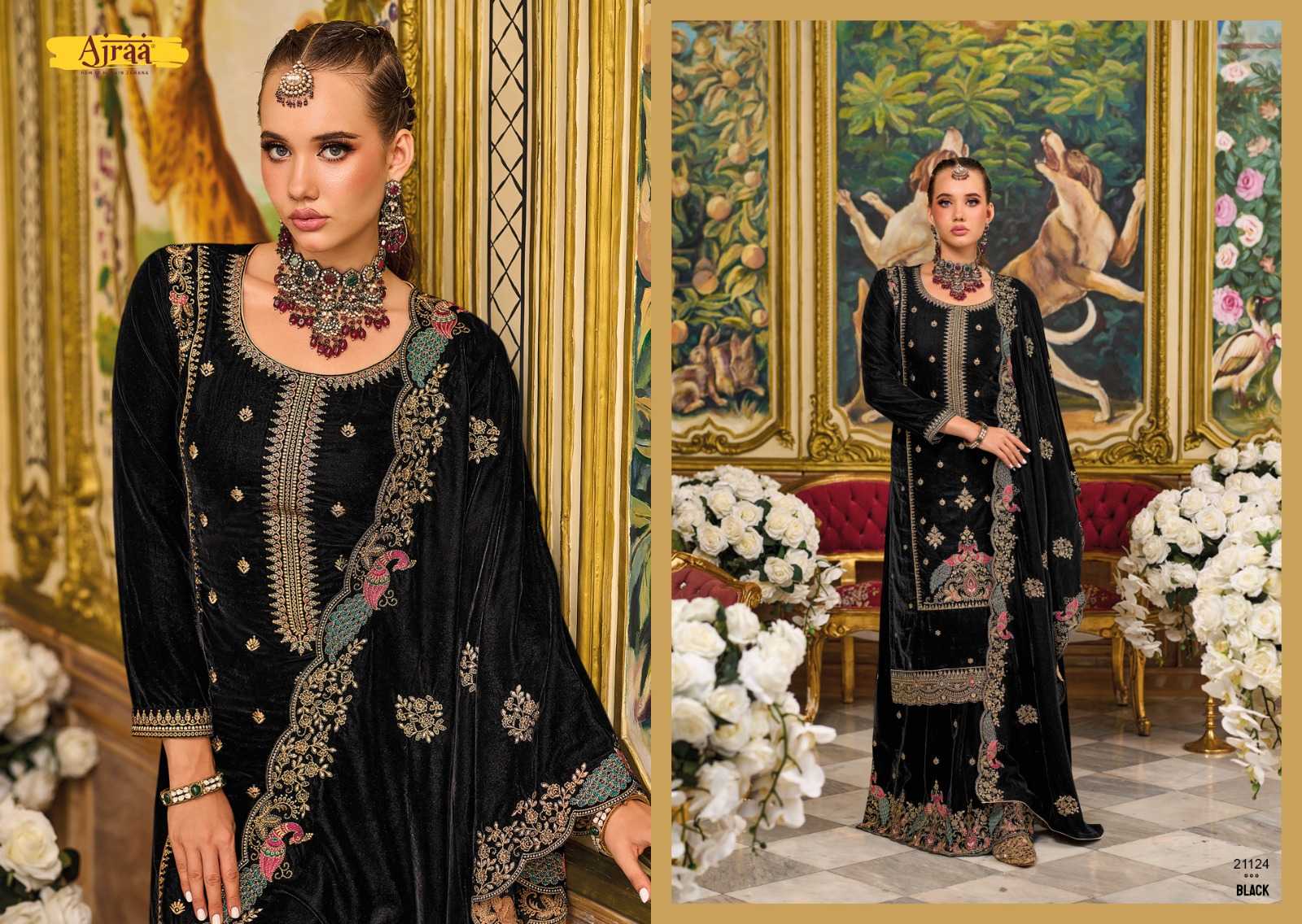 ajraa morni designer winter velvet embroidery drees material catalog