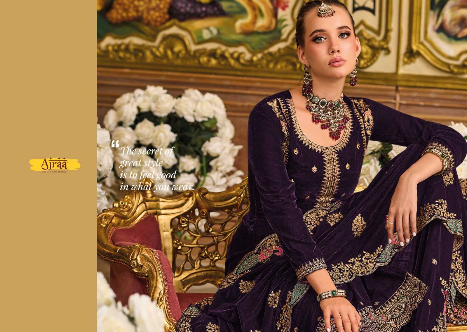 ajraa morni designer winter velvet embroidery drees material catalog