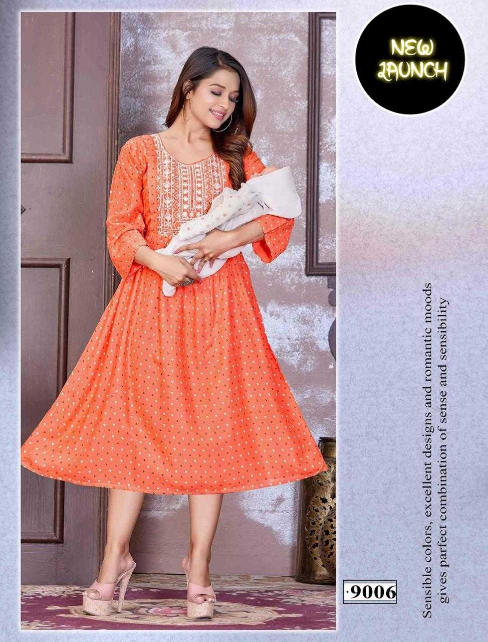 JLF HALDI VOL.5 RAYON PRINT FEEDING KURTI WITH EMBROIDERY SEQUENCE NACK WORK CATALOG WHOLESALER BEST RATE