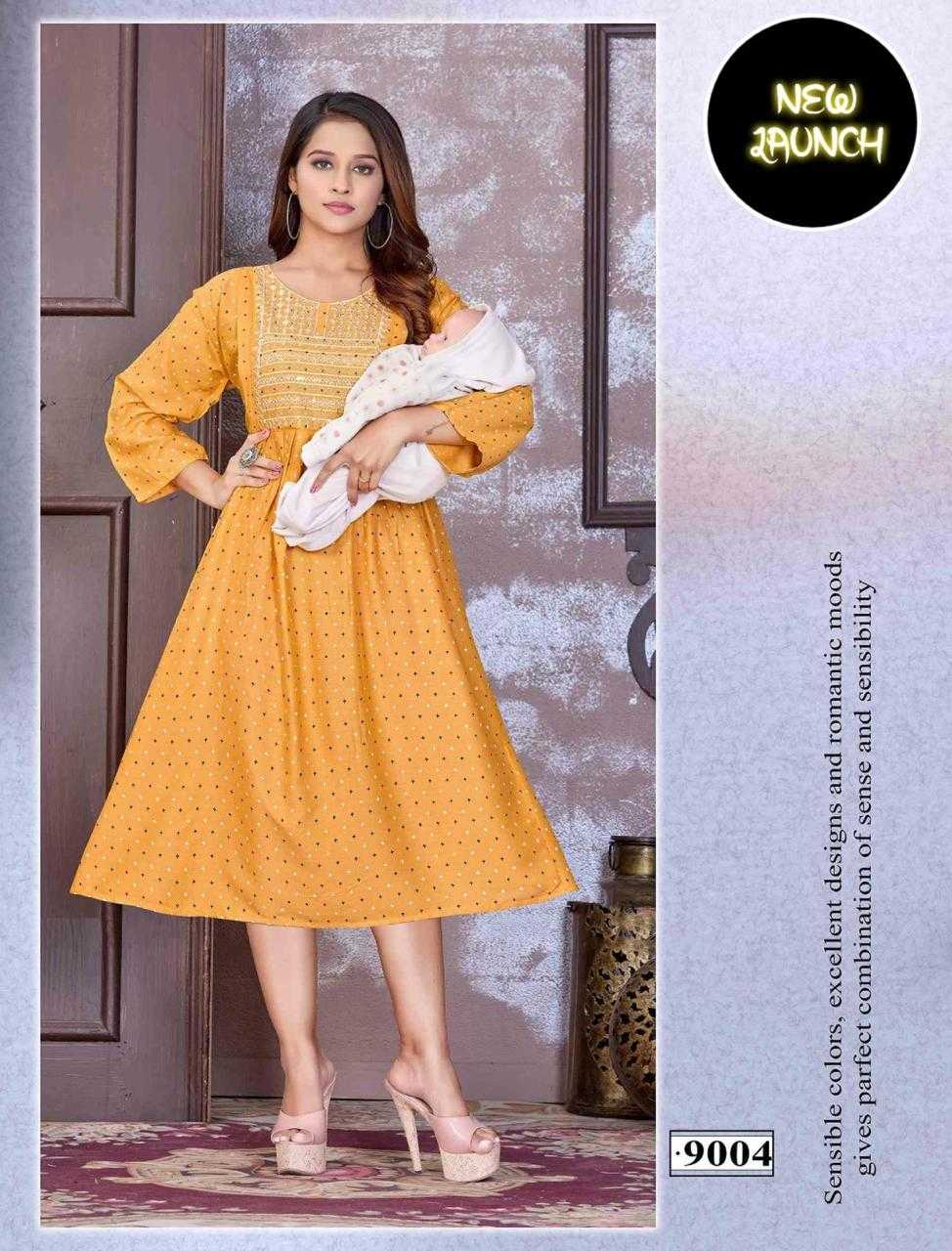 JLF HALDI VOL.5 RAYON PRINT FEEDING KURTI WITH EMBROIDERY SEQUENCE NACK WORK CATALOG WHOLESALER BEST RATE