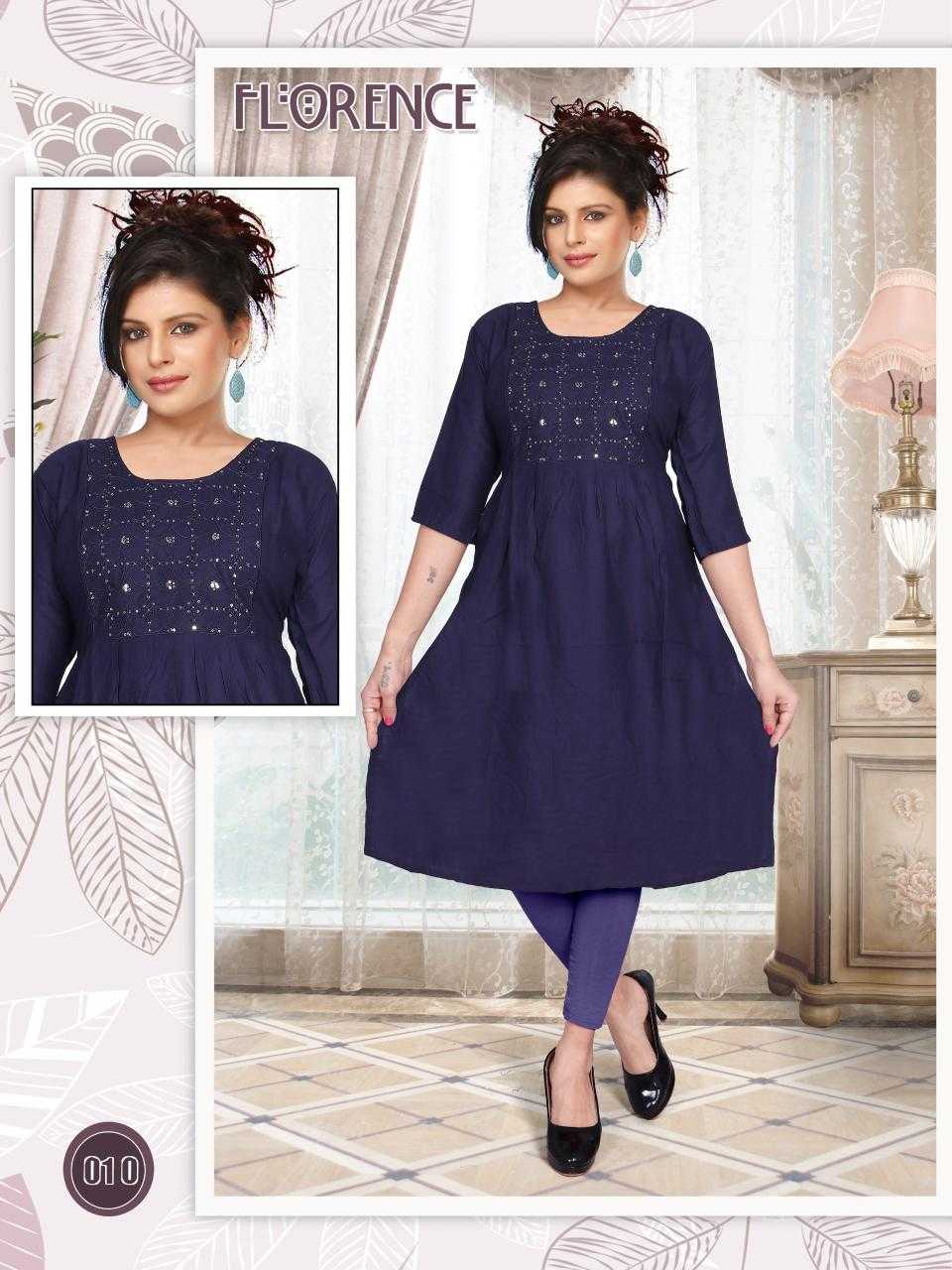 TRENDY FLORENCE RAYON NAIRA CUT KURTI CATALOG WHOLESALER BEST RATE