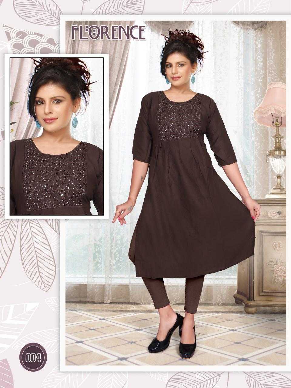 TRENDY FLORENCE RAYON NAIRA CUT KURTI CATALOG WHOLESALER BEST RATE